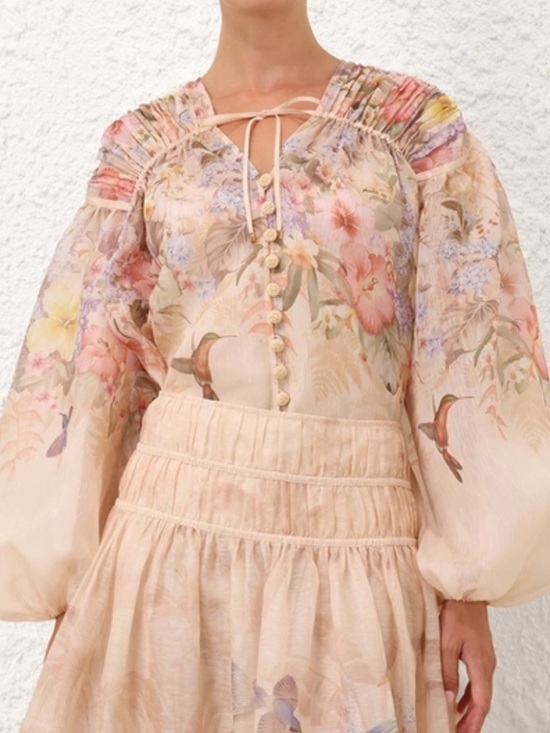 Zimmermann Tops - Zimmermann Peach Floral Balloon-Sleeve Blouse. Size 1